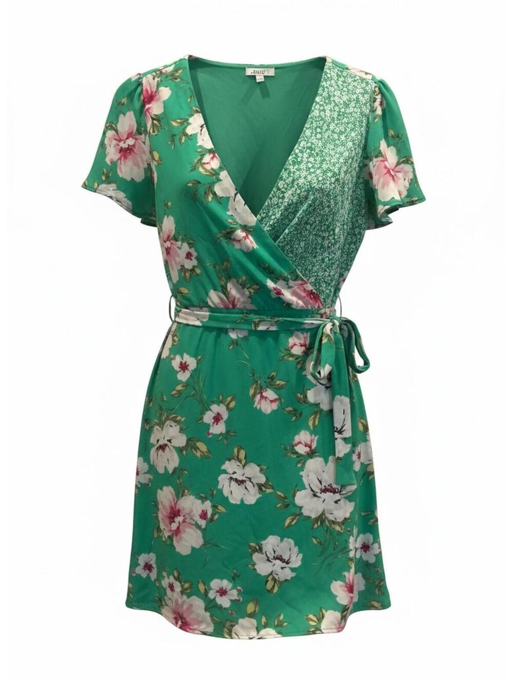AUW Floral Green Wrap Dress with Belt, Size Large